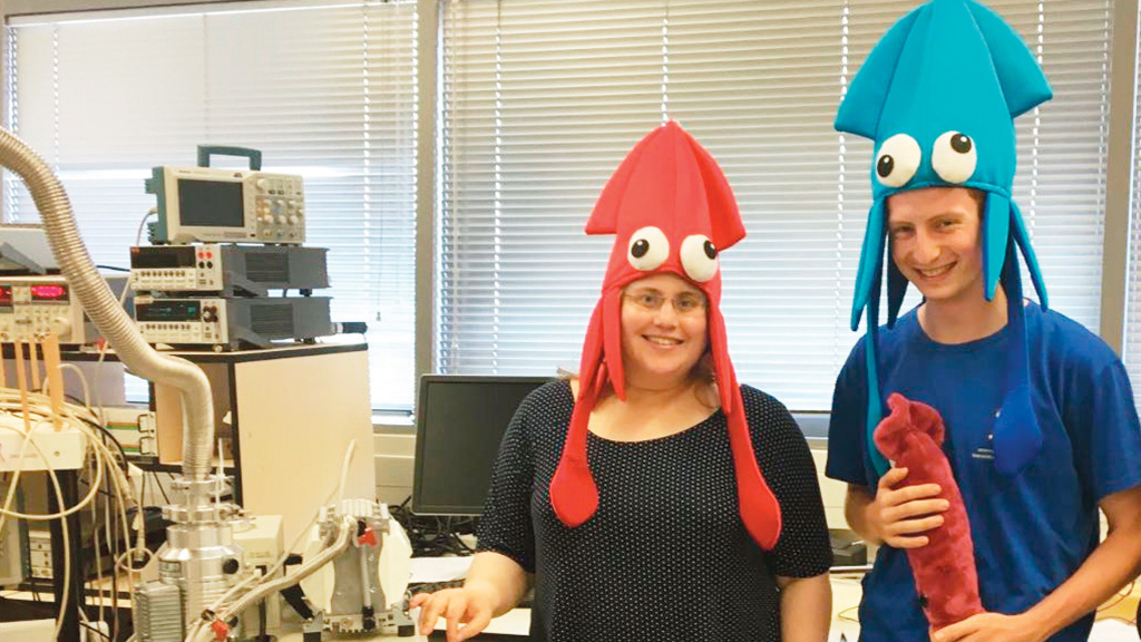 Dr. Beena Kalisky and Ari Krischer are dressed up as squids in Dr. Kaliskys lab