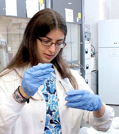 Yael Steinberg a Stern College student majoring in Biochemistry and Political Science says The combination of science fun and Torah makes this program work really well in a location that can not be beat. This Queens NY native is working with Prof Aharon Gedanken Director of the Kanbar Laboratory for Nanomaterials at the Bar-Ilan Institute of Nanotechnology and Advanced Materials on clean-tech research