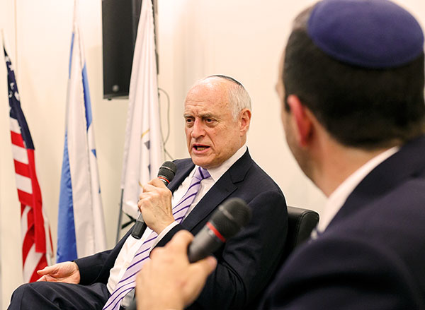 Malcolm Hoenlein (left), Executive Vice Chairman of the Conference of Presidents of Major American Jewish Organizations, speaks with BIU Prof. Adam Ferziger of the Israel and Golda Koschitzky Department of Jewish History and Contemporary Jewry, on "Past, Present, Future – Judaism in Israel and North America," at an evening marking the launch of the new Impact Center for the Study of Judaism in Israel and North America