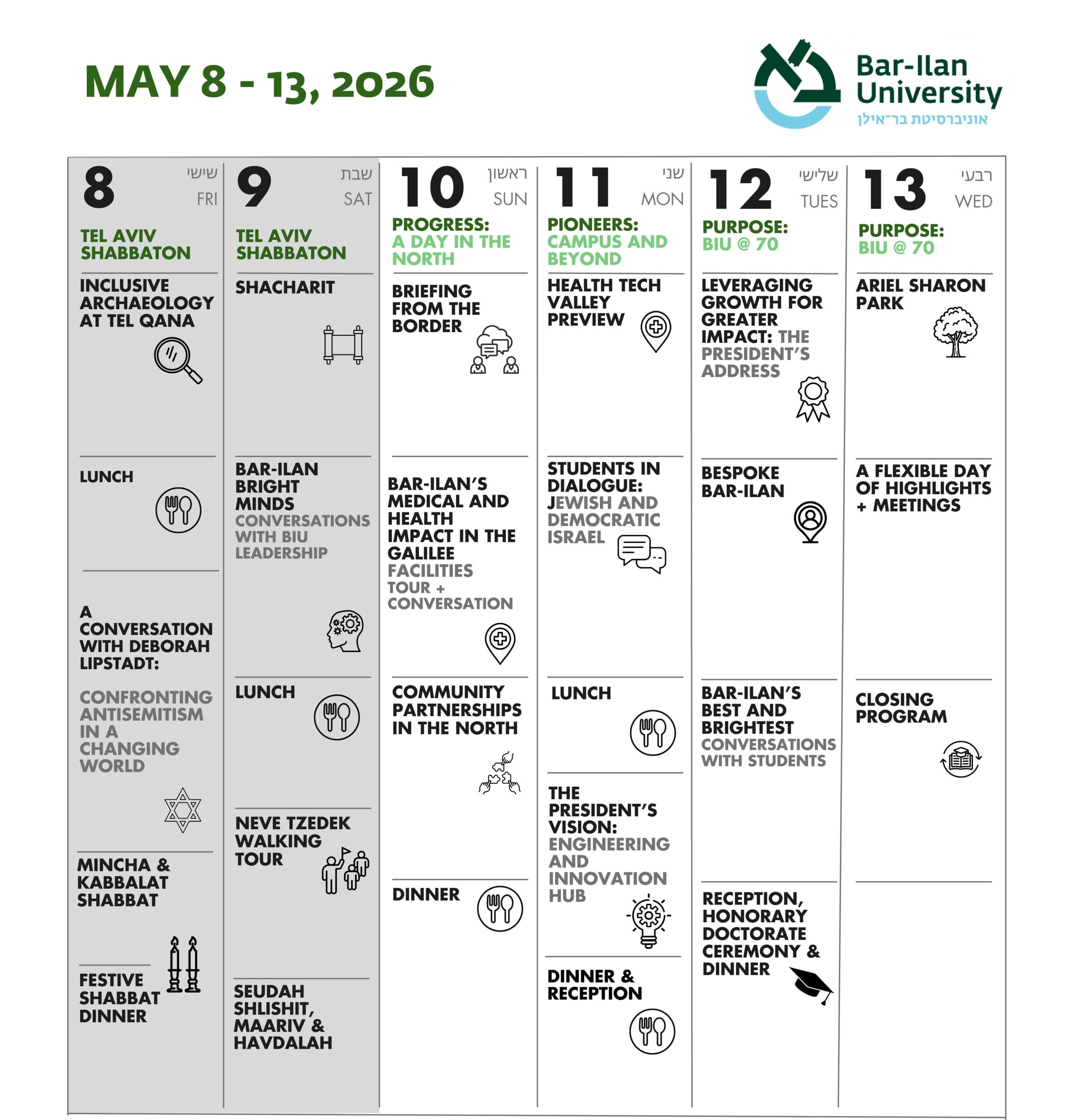 A calendar for Bar-Ilan University from May 8-13, 2026, detailing various events and activities for each day, including lectures, discussions, and social gatherings.